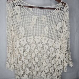 Fever Top Ivory Delicate Sheer Crochet Floral Lace Romantic Boho Cottagecore M